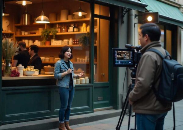 Video Marketing for Small Business feature image showing business owner being filmed in front of her store