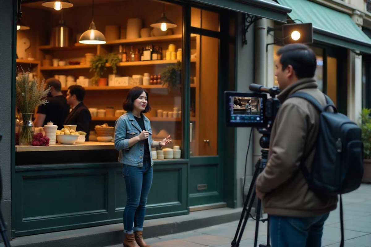 Video Marketing for Small Business feature image showing business owner being filmed in front of her store